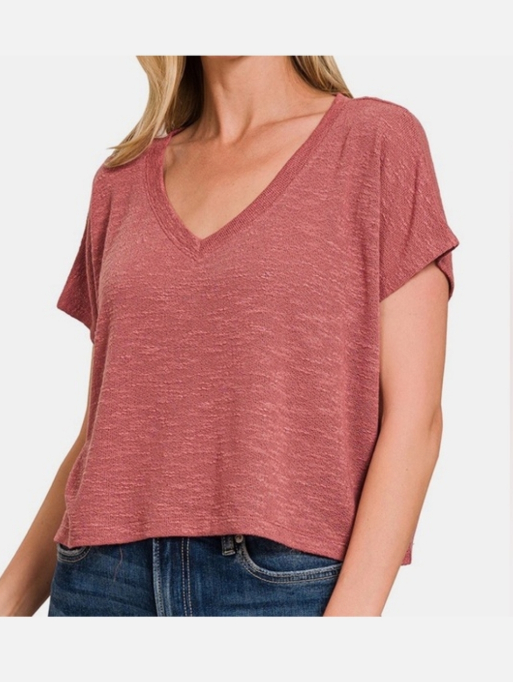 Zenana SOFT MELANGE V-NECK DROP SHOULDER CROPPED TOP